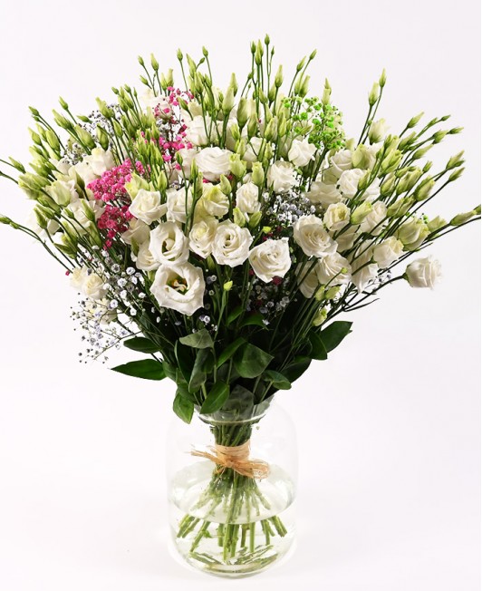 Baltų eustomų puokštė su gubojomis